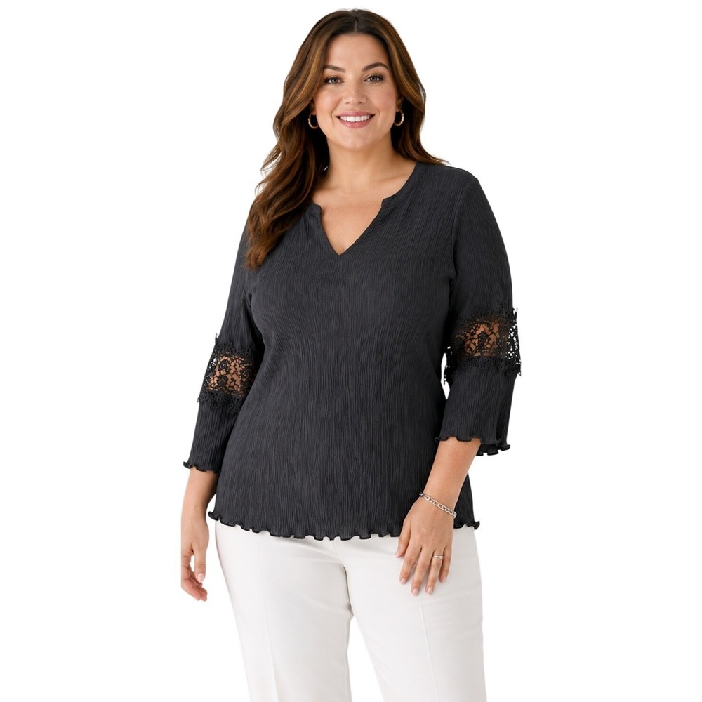 Ruby Rd Blouse Womens‎ XL Black Crinkle Lace Inset Bell Sleeve V-Neck Top